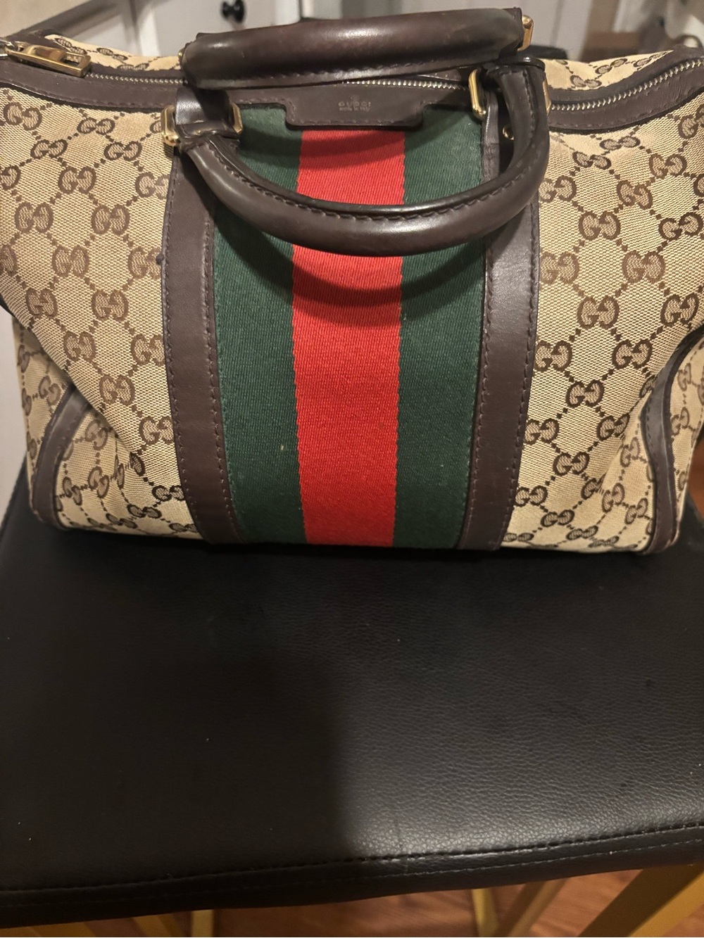 Gucci Brown Monogram Canvas Bowling Bag with Green & Red Stripe has wear, has st